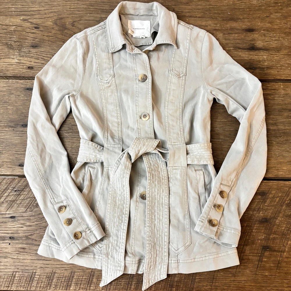 Anthropologie Cadet Belted Jacket in Stone Cream Size‎ 0 Cotton Blend Buttons